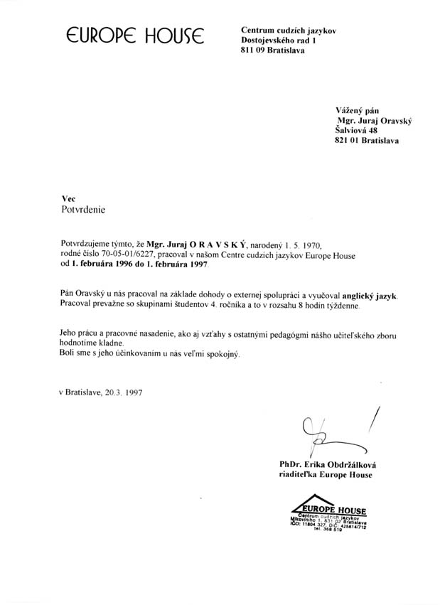 Recommendation Letter from Europe House