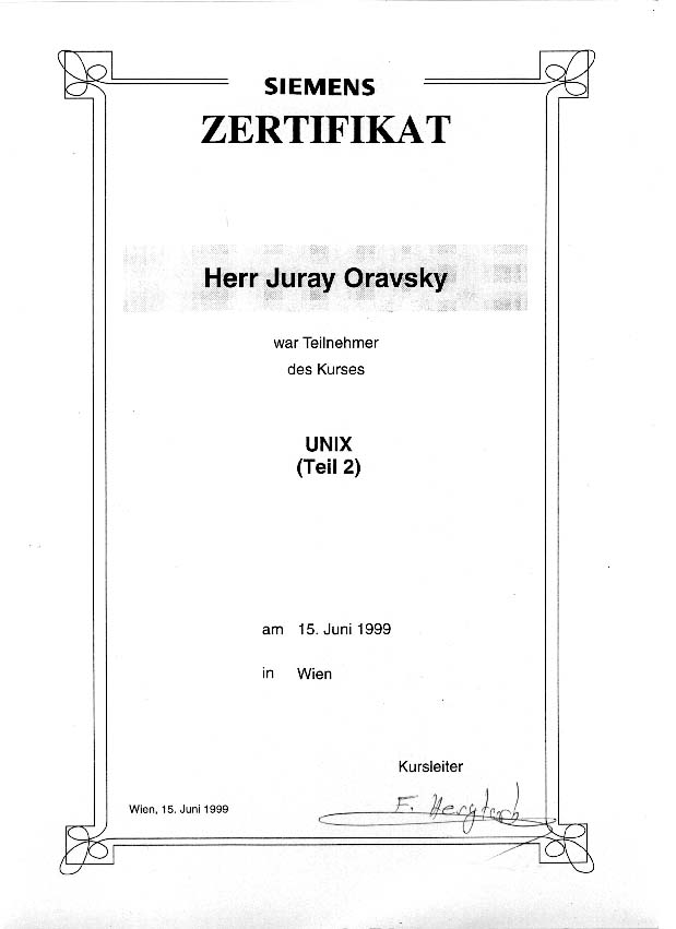 Unix Course Attendance Certificate